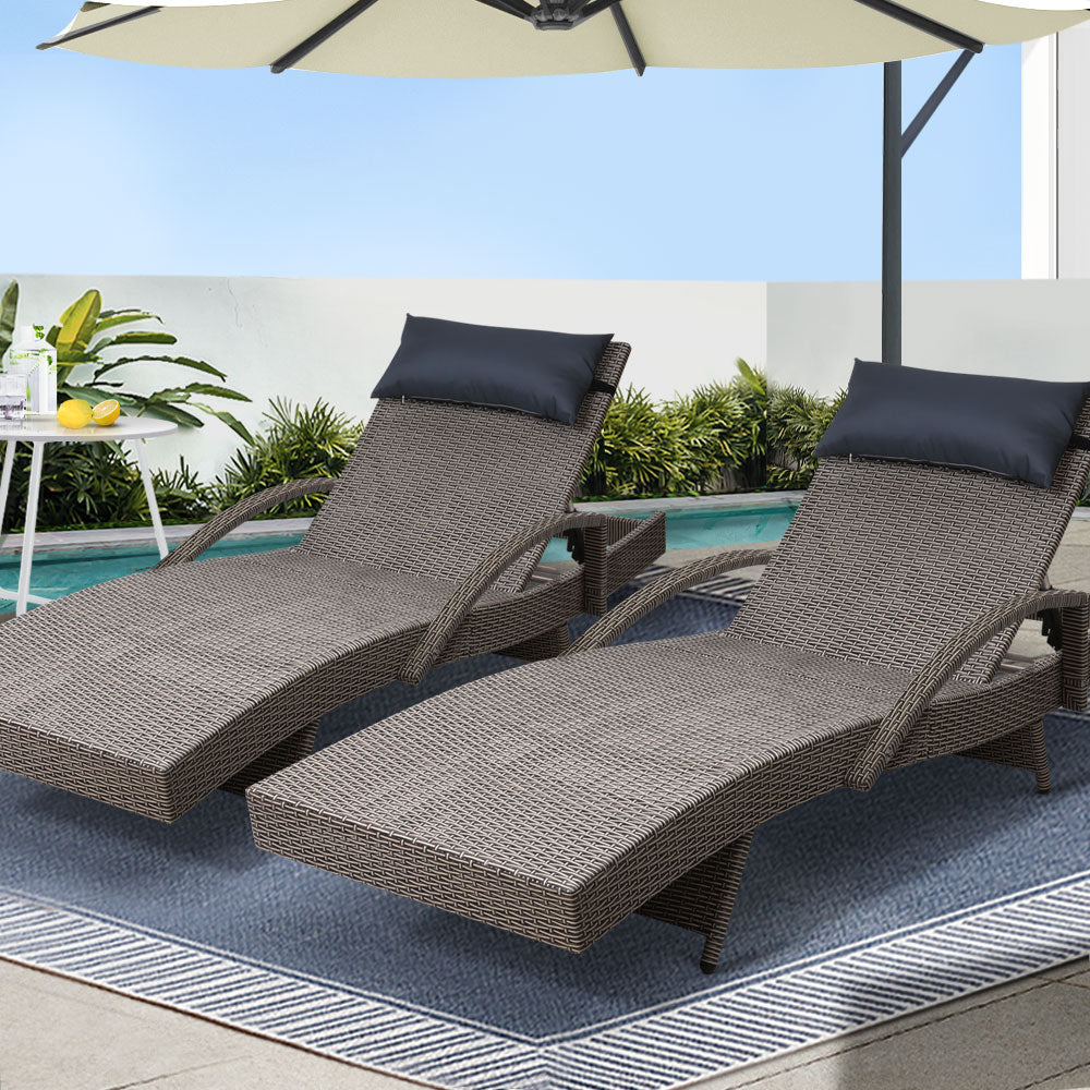 Gardeon 2x Sun Lounge Wicker Lounger Outdoor Furniture Beach Armchair Adjustable Grey&Beige Chez Guru