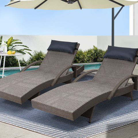 Gardeon 2x Sun Lounge Wicker Lounger Outdoor Furniture Beach Armchair Adjustable Grey&Beige Chez Guru