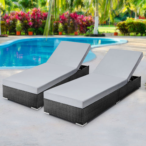 Gardeon 2PC Sun Lounge Wicker Lounger Outdoor Furniture Day Bed Adjustable Rattan Garden Chez Guru