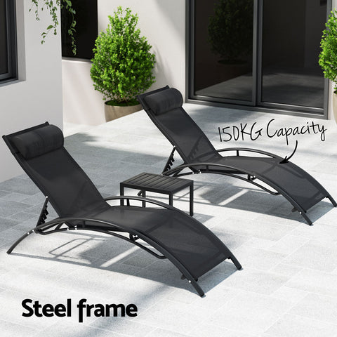 Gardeon 3PC Sun Lounge Outdoor Lounger Steel Table Chairs Patio Furniture Garden Chez Guru