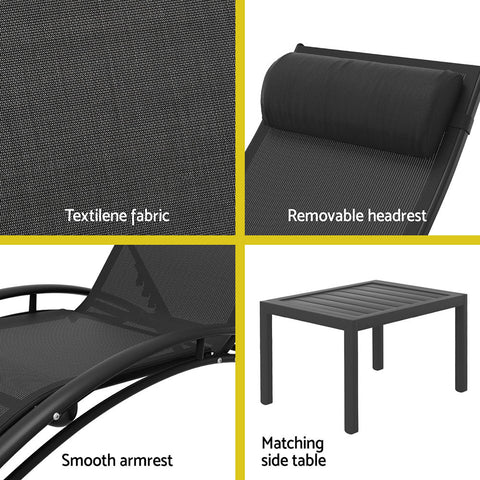 Gardeon 3PC Sun Lounge Outdoor Lounger Steel Table Chairs Patio Furniture Garden Chez Guru