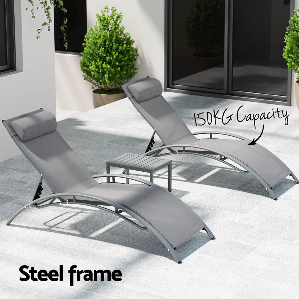 Gardeon 3PC Sun Lounge Outdoor Lounger Steel Table Chairs Patio Furniture Grey Chez Guru