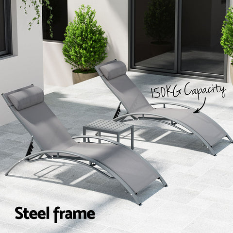 Gardeon 3PC Sun Lounge Outdoor Lounger Steel Table Chairs Patio Furniture Grey Chez Guru