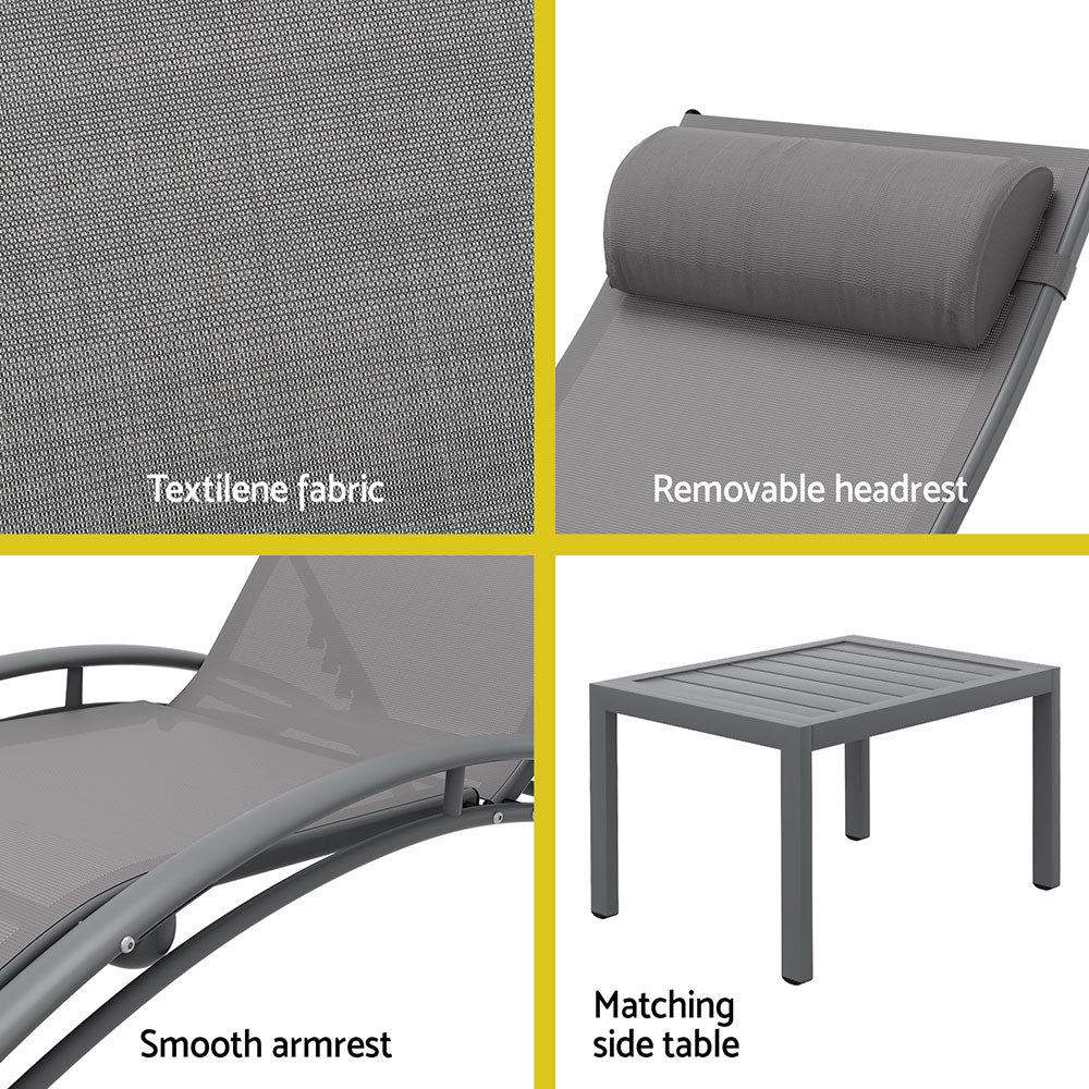 Gardeon 3PC Sun Lounge Outdoor Lounger Steel Table Chairs Patio Furniture Grey Chez Guru