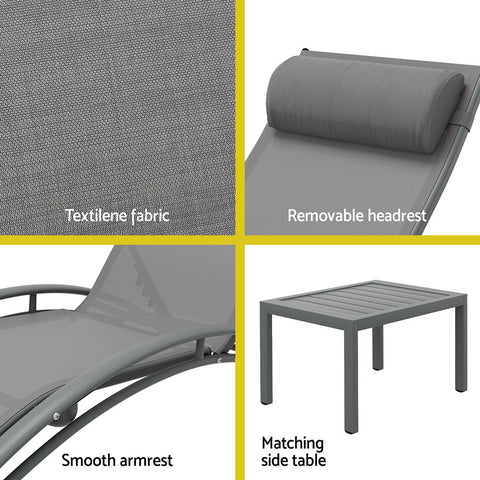 Gardeon 3PC Sun Lounge Outdoor Lounger Steel Table Chairs Patio Furniture Grey Chez Guru