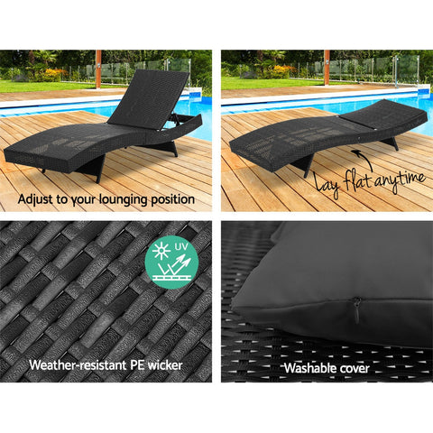 Gardeon Sun Lounge Wicker Lounger Outdoor Furniture Beach Chair Garden Adjustable Black Chez Guru