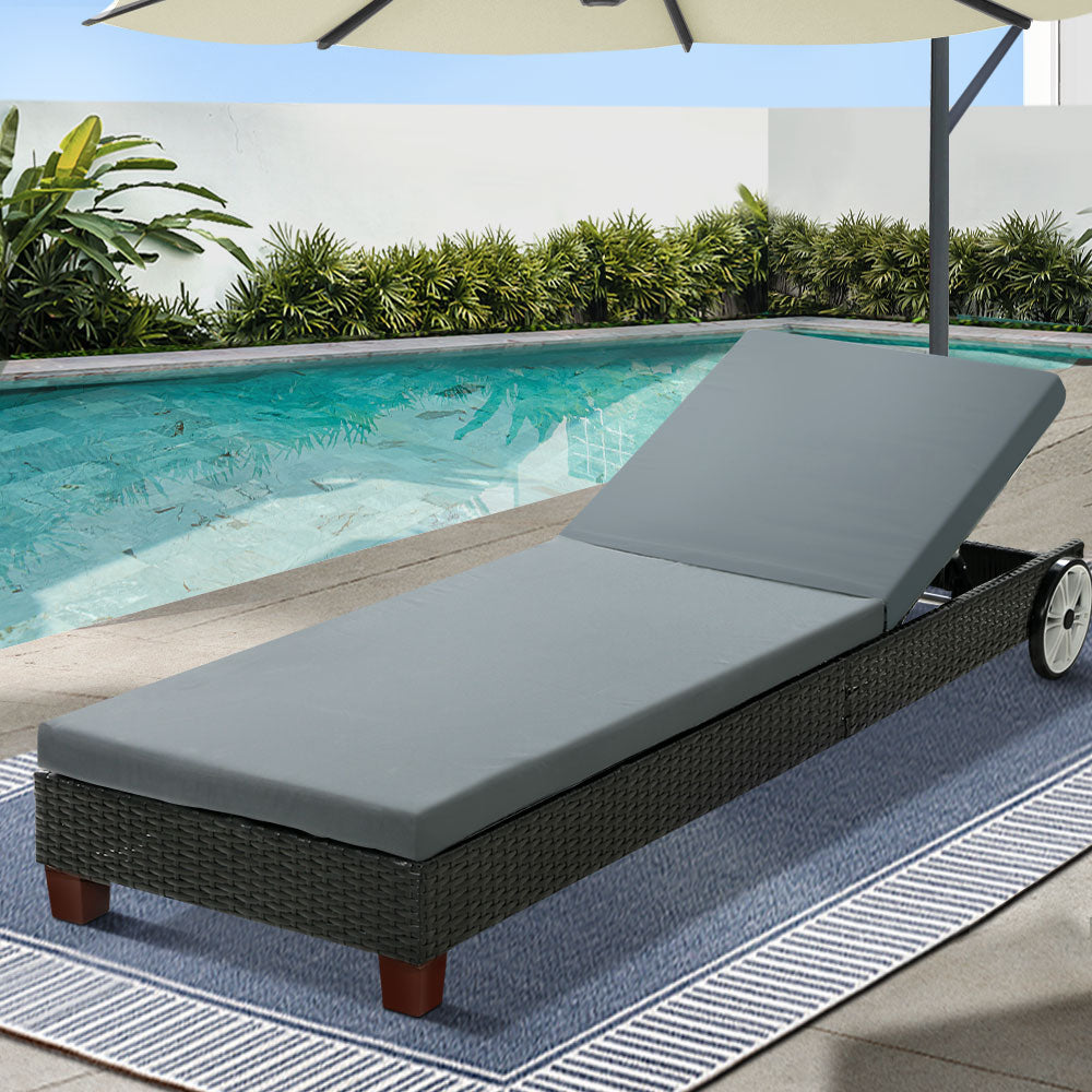 Gardeon Sun Lounge Wicker Lounger Outdoor Furniture Day Bed Wheels Patio Black Chez Guru