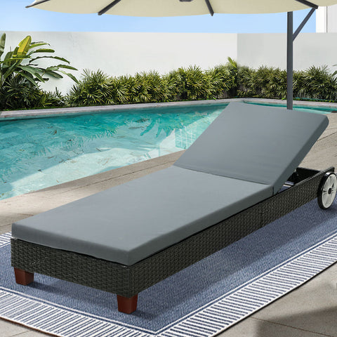 Gardeon Sun Lounge Wicker Lounger Outdoor Furniture Day Bed Wheels Patio Black Chez Guru
