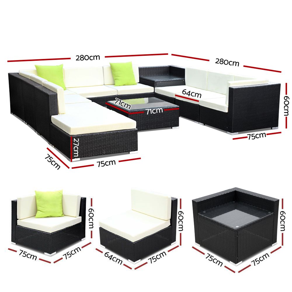 Gardeon 11PC Outdoor Furniture Sofa Set Wicker Garden Patio Lounge Chez Guru
