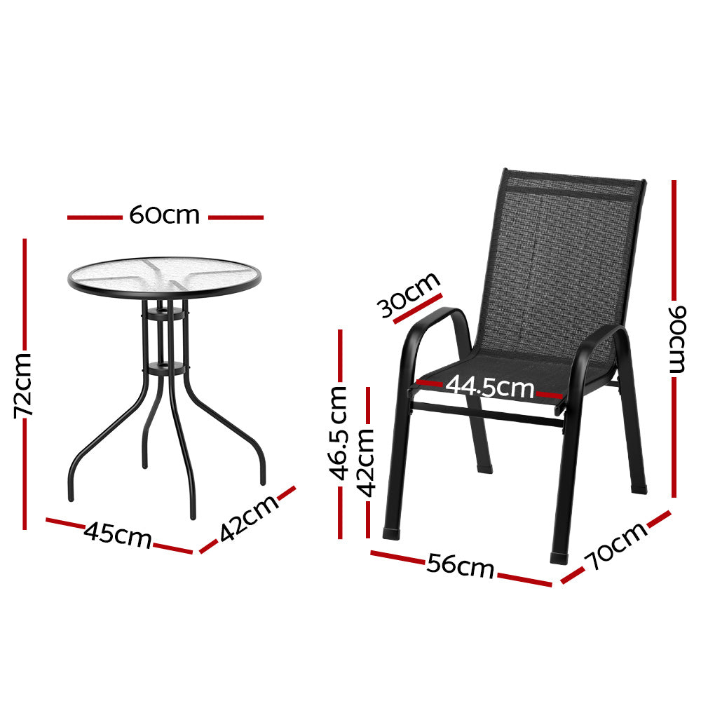 Gardeon 3PC Outdoor Bistro Set Table and Chairs Stackable Patio Furniture Black Chez Guru