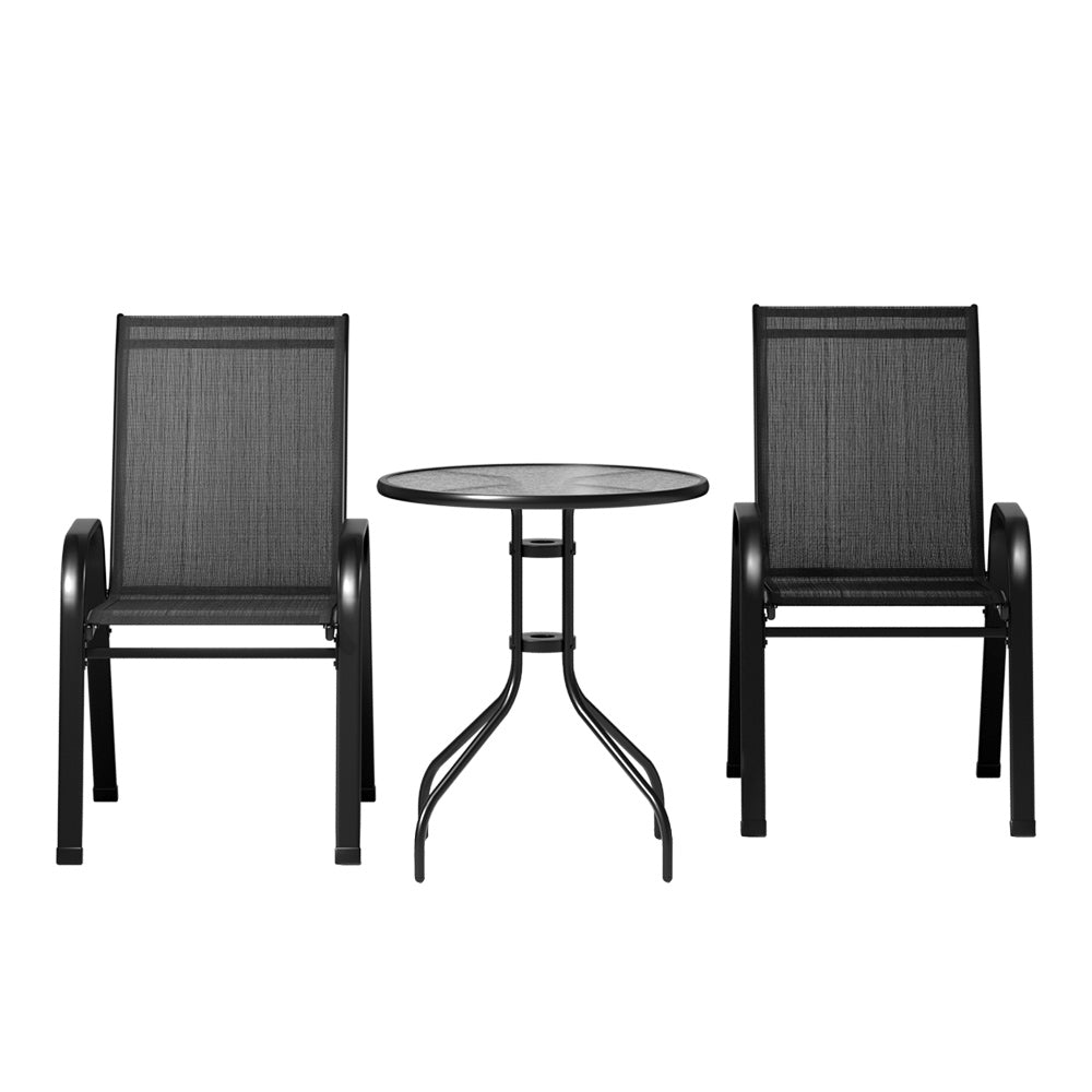 Gardeon 3PC Outdoor Bistro Set Table and Chairs Stackable Patio Furniture Black Chez Guru