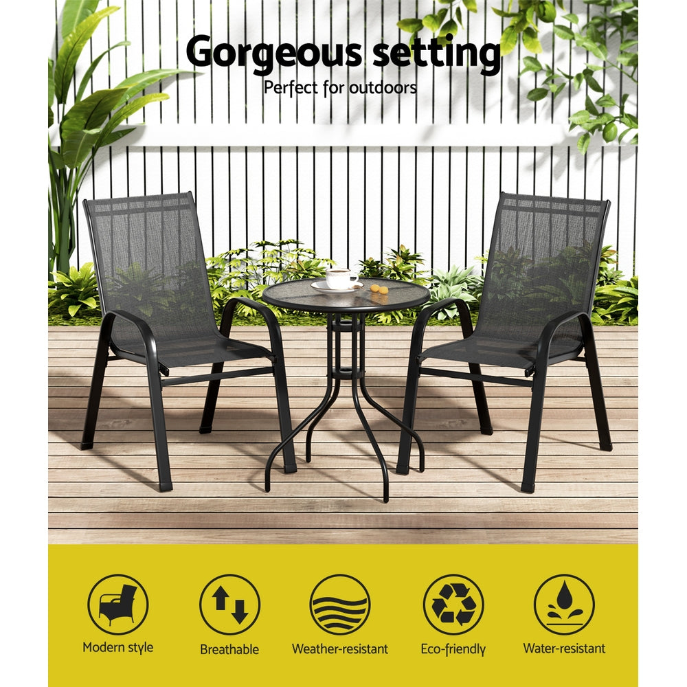 Gardeon 3PC Outdoor Bistro Set Table and Chairs Stackable Patio Furniture Black Chez Guru