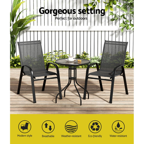 Gardeon 3PC Outdoor Bistro Set Table and Chairs Stackable Patio Furniture Black Chez Guru