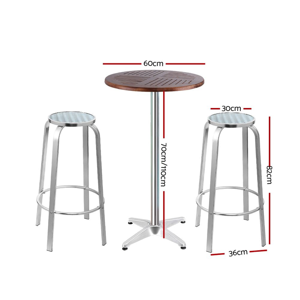 Gardeon 3-Piece Outdoor Bar Set Bistro Table Stools Adjustable Wooden Cafe Chez Guru