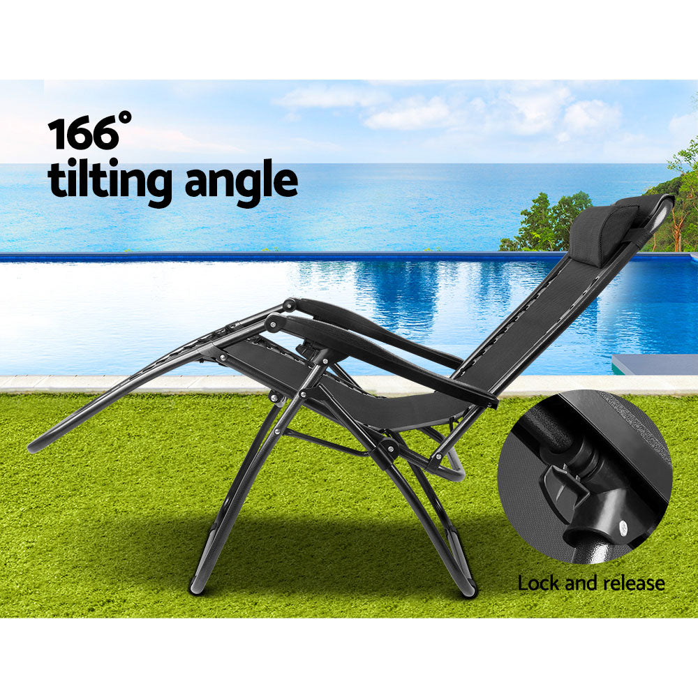 Gardeon 2PC Zero Gravity Chair Folding Outdoor Recliner Adjustable Sun Lounge Camping Black Chez Guru