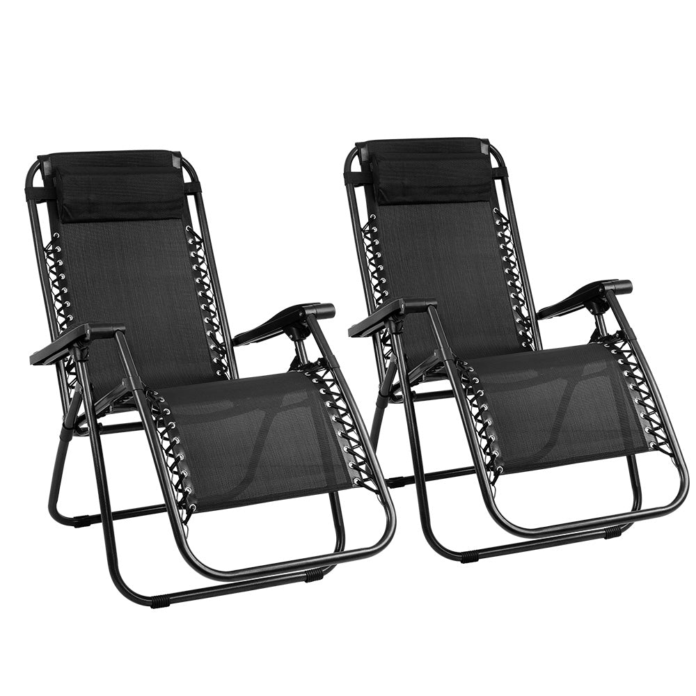 Gardeon 2PC Zero Gravity Chair Folding Outdoor Recliner Adjustable Sun Lounge Camping Black Chez Guru