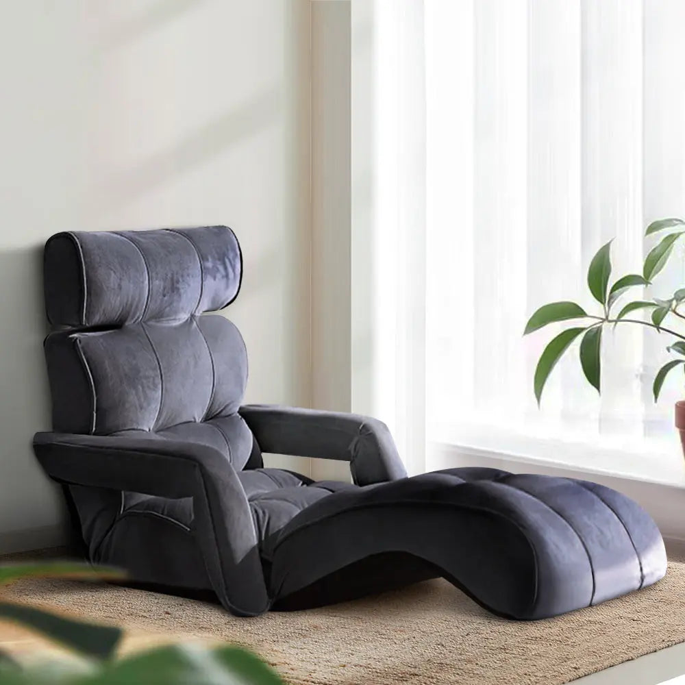 Artiss Floor Lounge Sofa With Armrest Flocking Fabric Charcoal - Chez Guru