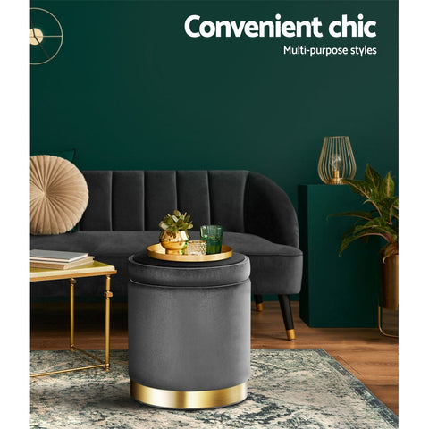 Artiss Ottoman Storage Foot Stool Round Velvet Charcoal Chez Guru