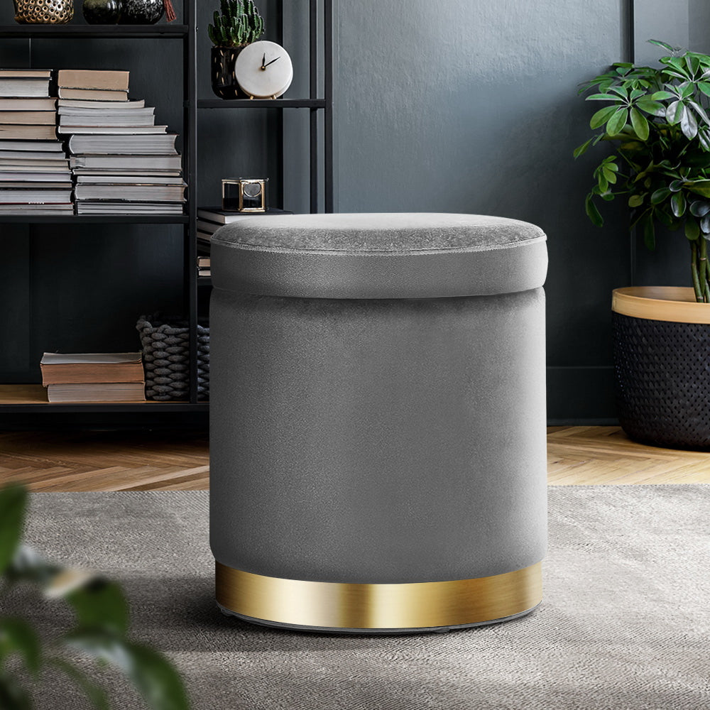 Artiss Ottoman Storage Foot Stool Round Velvet Charcoal Chez Guru