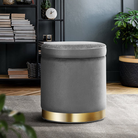 Artiss Ottoman Storage Foot Stool Round Velvet Charcoal Chez Guru