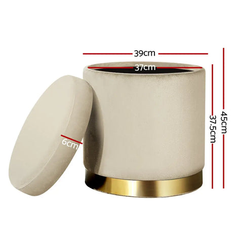 Artiss Ottoman Storage Foot Stool Round Velvet Cream - Chez Guru