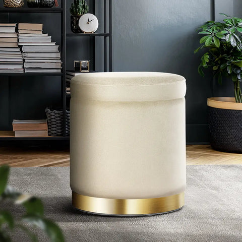Artiss Ottoman Storage Foot Stool Round Velvet Cream - Chez Guru