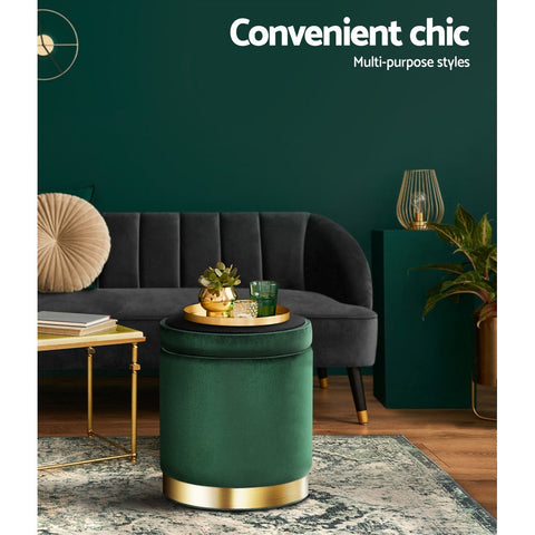 Artiss Ottoman Storage Foot Stool Round Velvet Green Chez Guru