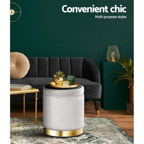 Artiss Ottoman Storage Foot Stool Round Velvet Grey Chez Guru