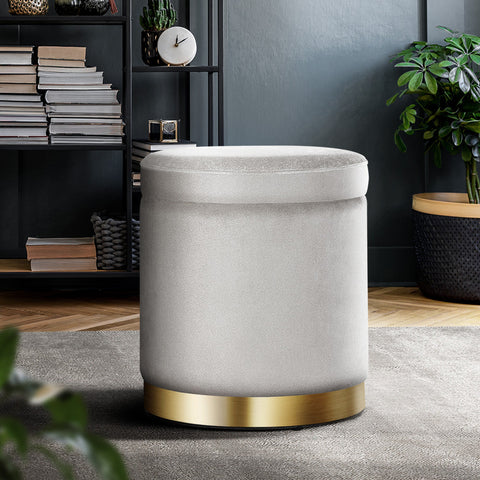 Artiss Ottoman Storage Foot Stool Round Velvet Grey Chez Guru