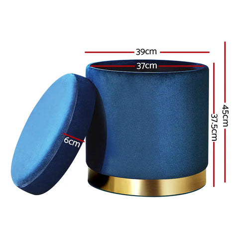 Artiss Ottoman Storage Foot Stool Round Velvet Navy - Chez Guru