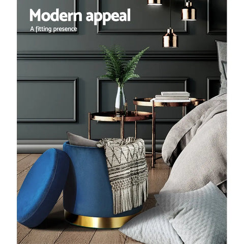 Artiss Ottoman Storage Foot Stool Round Velvet Navy - Chez Guru