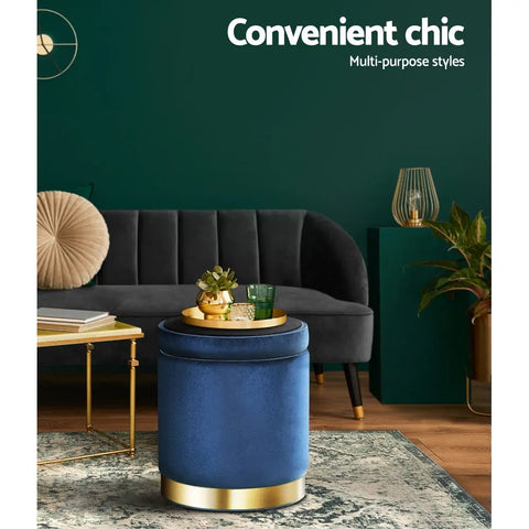 Artiss Ottoman Storage Foot Stool Round Velvet Navy - Chez Guru