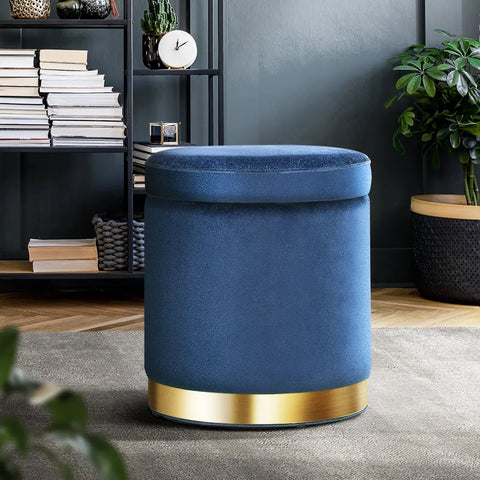 Artiss Ottoman Storage Foot Stool Round Velvet Navy - Chez Guru