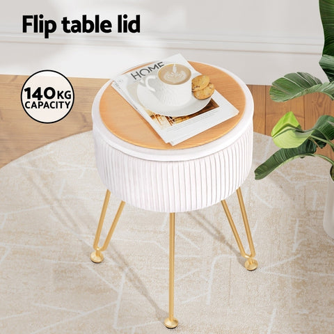 Artiss Ottoman Storage Foot Stool Vanity Velvet Round White Chez Guru