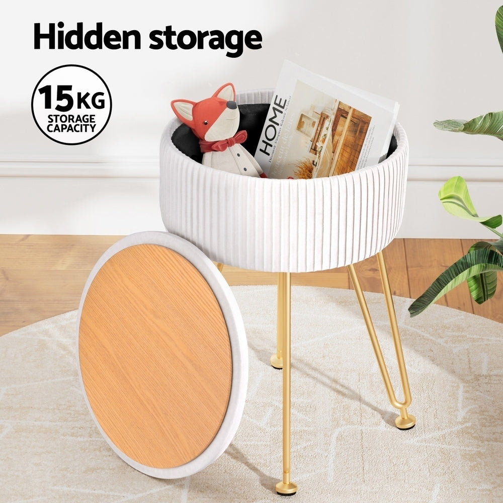 Artiss Ottoman Storage Foot Stool Vanity Velvet Round White Chez Guru