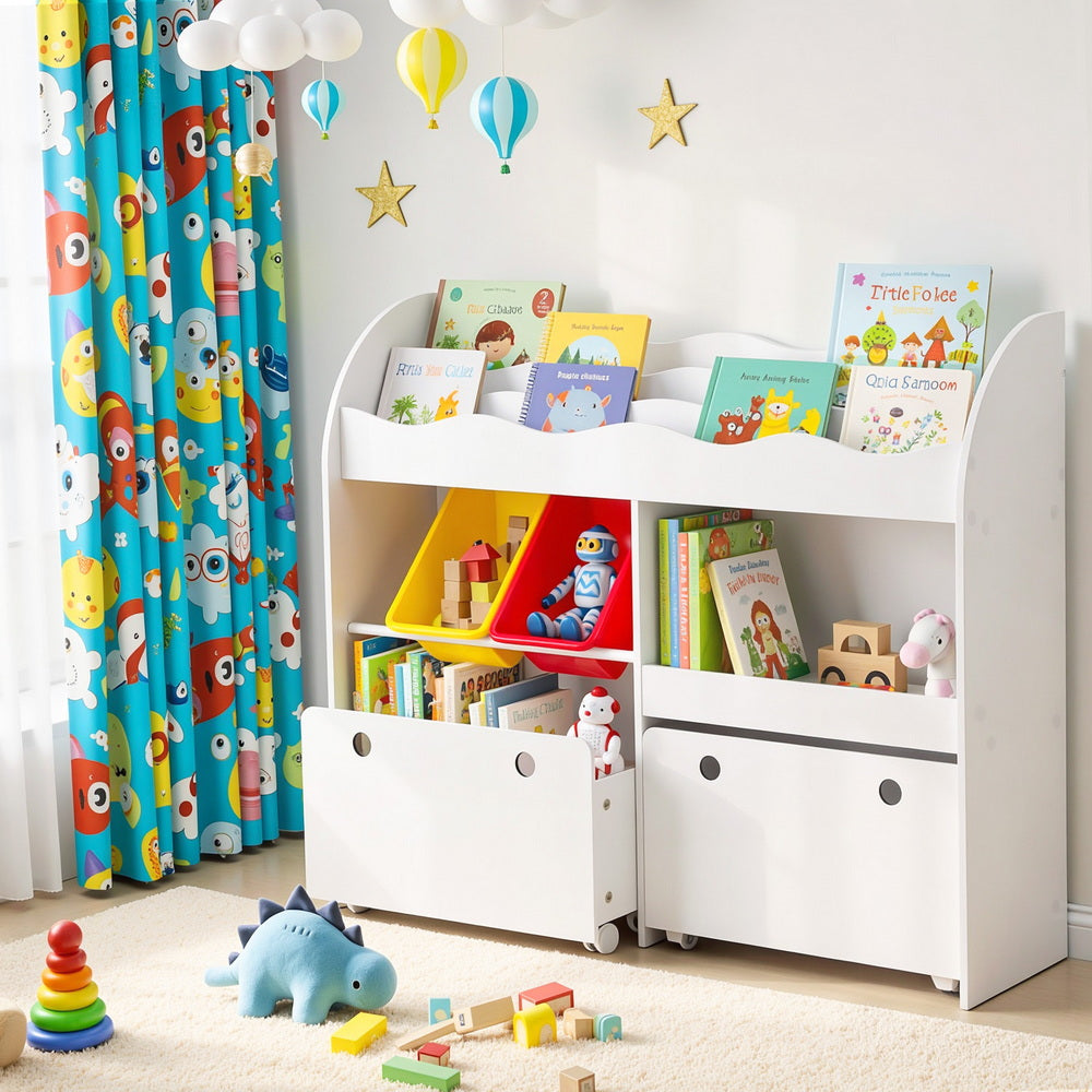 Children's room with a bookshelf, colorful curtains, and toys on a light gray floor.