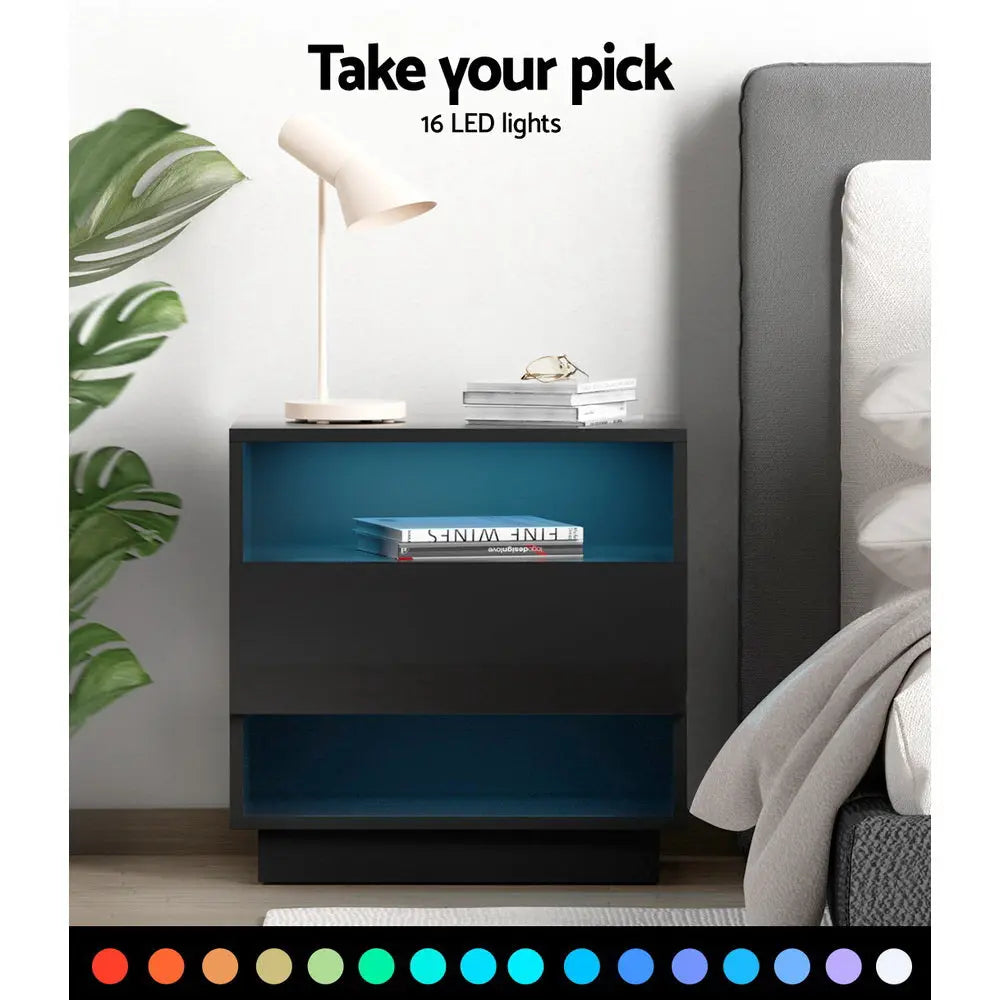 Artiss Bedside Table LED with 2 Shelves - HANA Black - Chez Guru