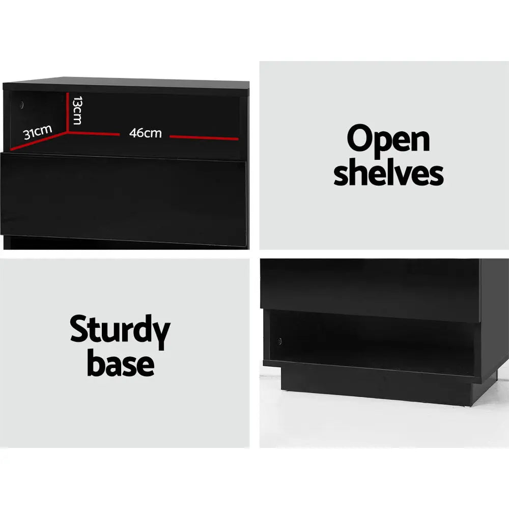 Artiss Bedside Table LED with 2 Shelves - HANA Black - Chez Guru