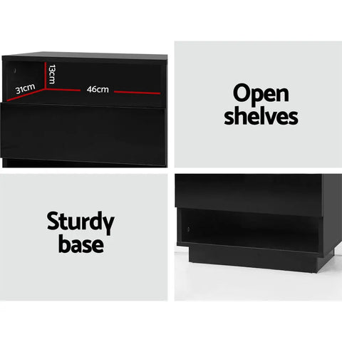 Artiss Bedside Table LED with 2 Shelves - HANA Black - Chez Guru