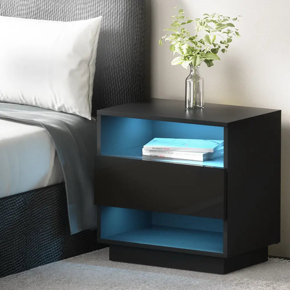 Artiss Bedside Table LED with 2 Shelves - HANA Black - Chez Guru