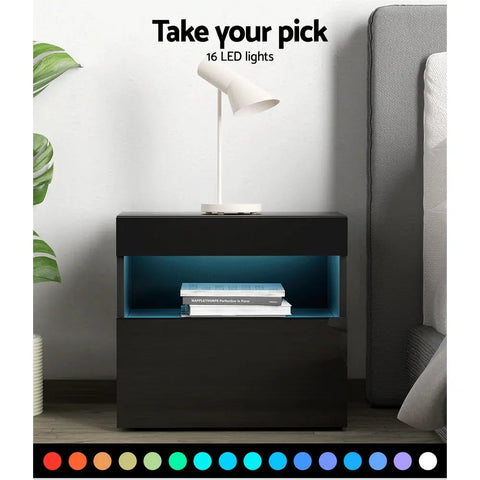 Artiss Bedside Table LED - HERES Black - Chez Guru
