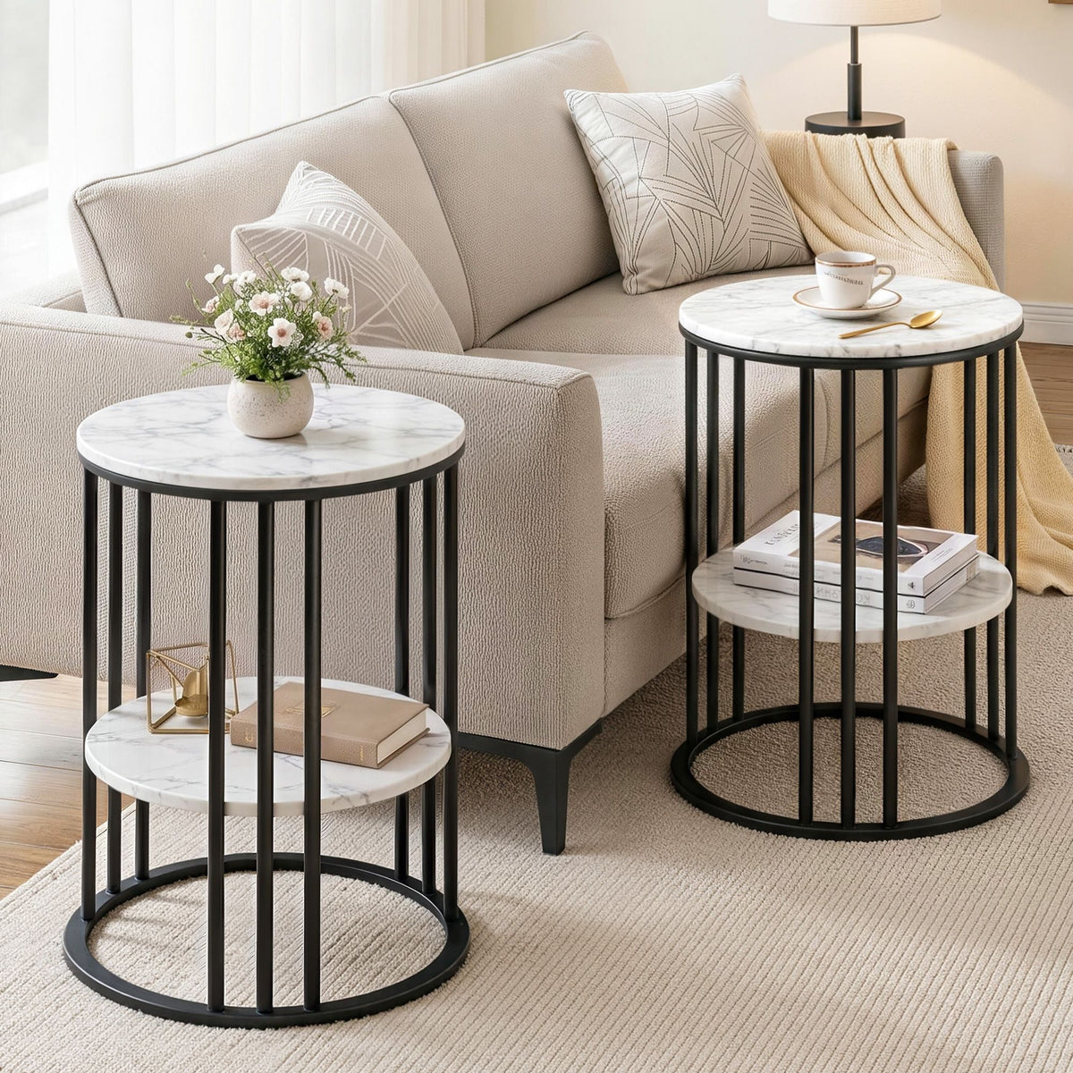 Artiss Set of 2 Side Table Coffee Table 2-Tier Round Marble Effect