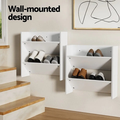 Artiss Shoe Rack 2-tier 12 Pairs Wall Mounted x2 - White Chez Guru