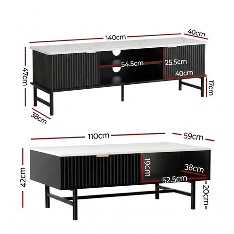 Artiss TV Unit & Coffee Table Set Storage Shelf Black