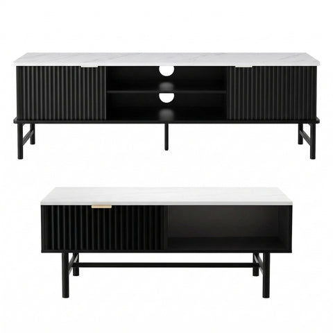 Artiss TV Unit & Coffee Table Set Storage Shelf Black