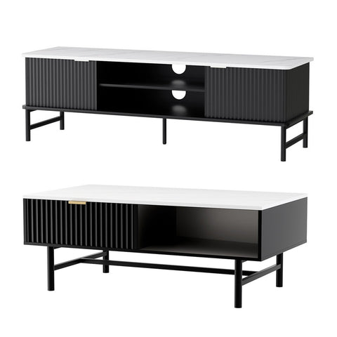 Artiss TV Unit & Coffee Table Set Storage Shelf Black