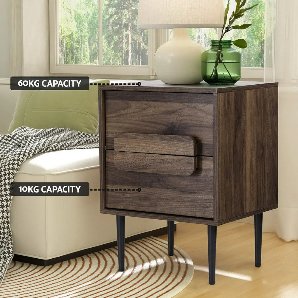 Artiss Bedside Table Nightstand 2 Drawers - Walnut - Chez Guru
