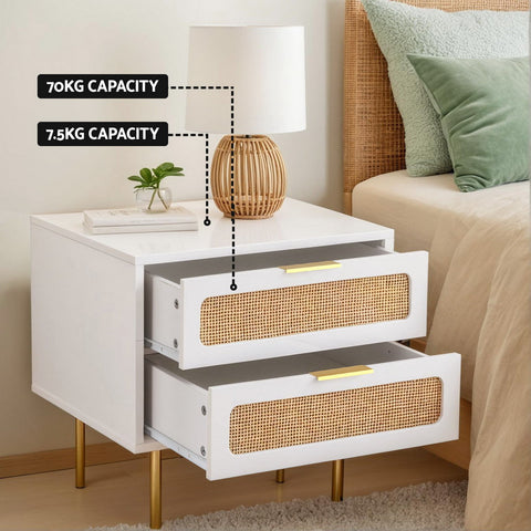 Artiss Rattan Bedside Table 2 Drawers Pine Chez Guru