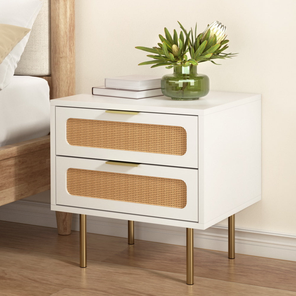 Artiss Rattan Bedside Table 2 Drawers Pine Chez Guru