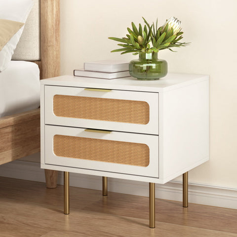 Artiss Rattan Bedside Table 2 Drawers Pine Chez Guru
